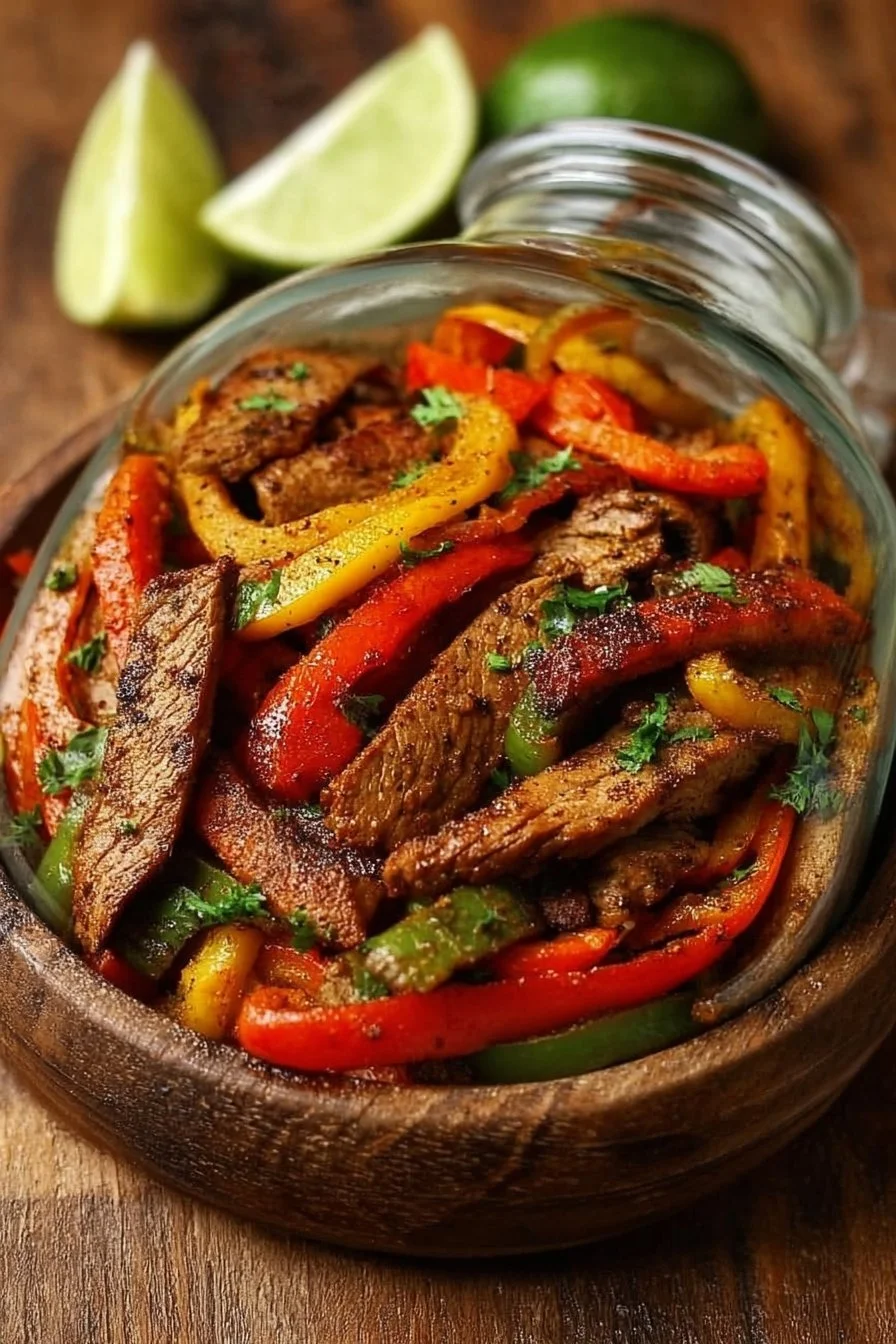 Delicious fajita marinade ingredients and a marinated dish ready to grill.