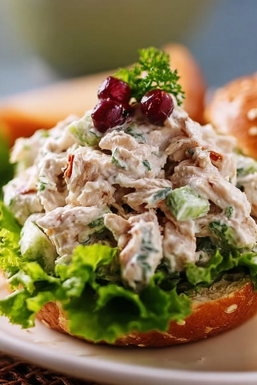 Bowl of favorite chicken salad with fresh vegetables and dressing