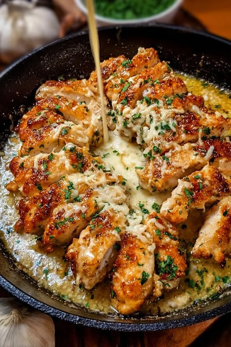 Garlic Parmesan Chicken Skillet in a frying pan, garnished with herbs