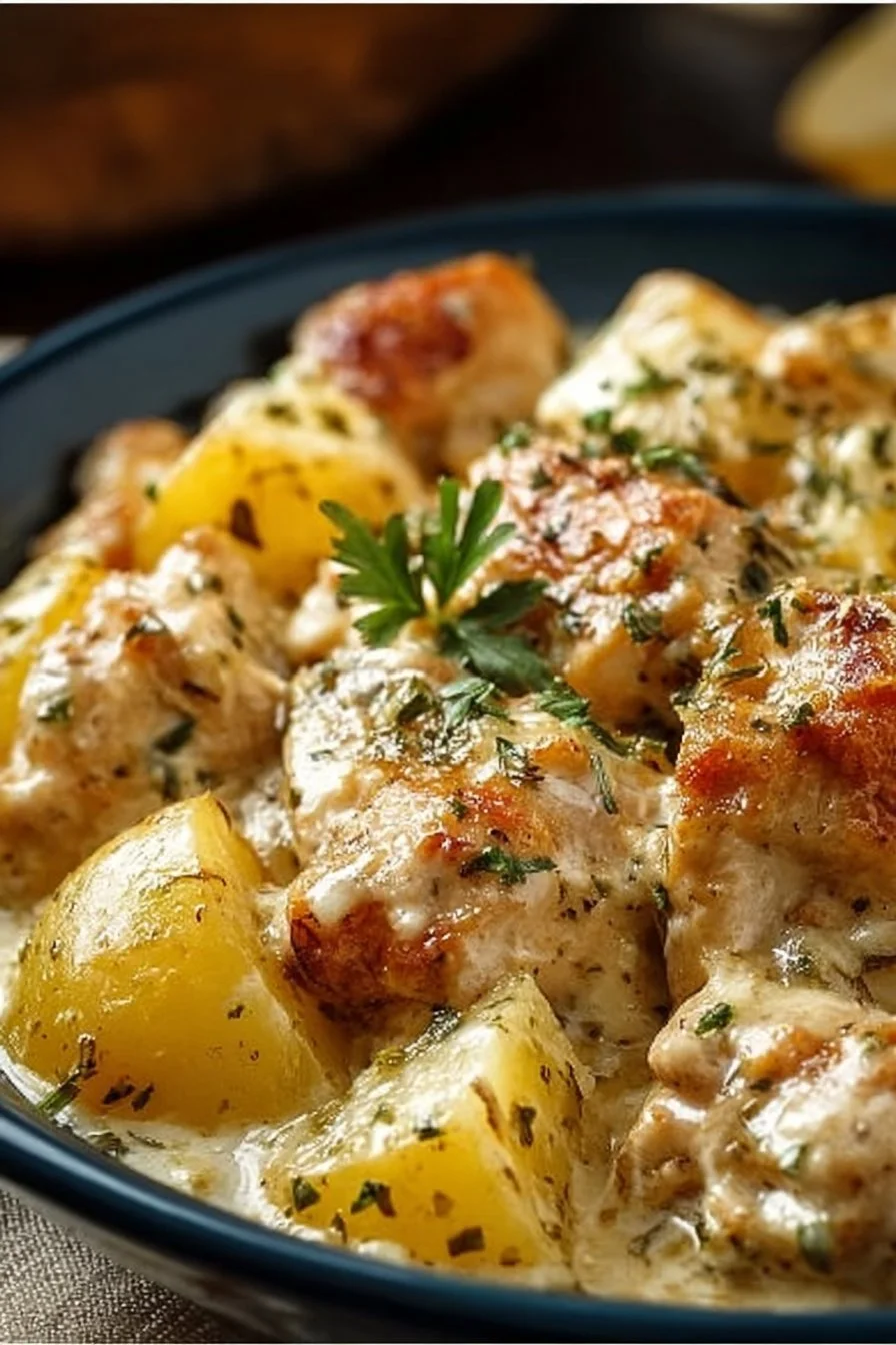 Delicious Garlic Parmesan Chicken and Potatoes cooked in a crockpot.