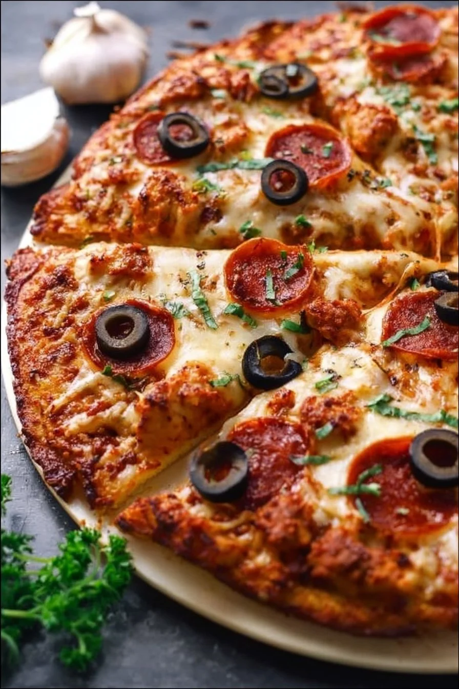 Ground Chicken Crust Pizza 2 Ground Chicken Crust Pizza topped with fresh ingredients for a healthy meal