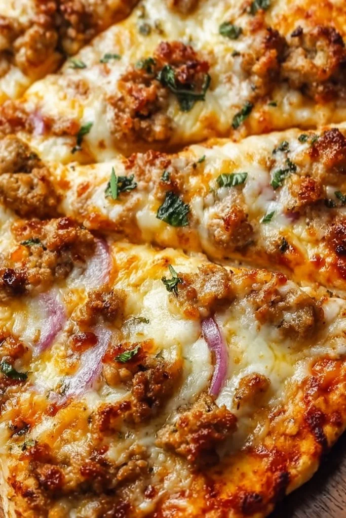 Ground chicken pizza crust ready to be baked with fresh toppings