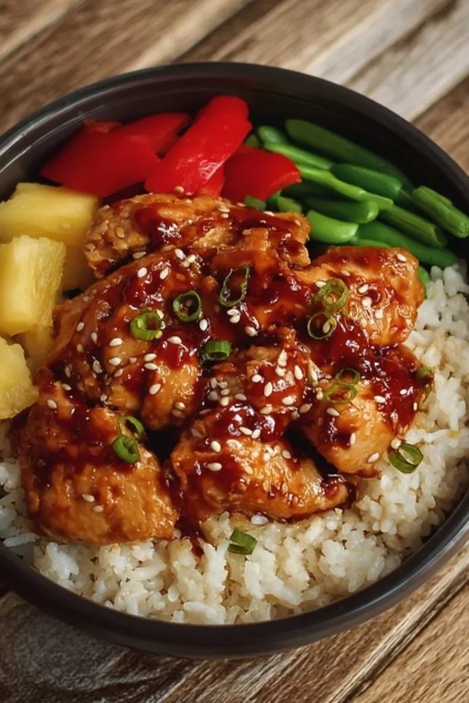 Colorful Hawaiian Chicken Bowl with vibrant vegetables and rice