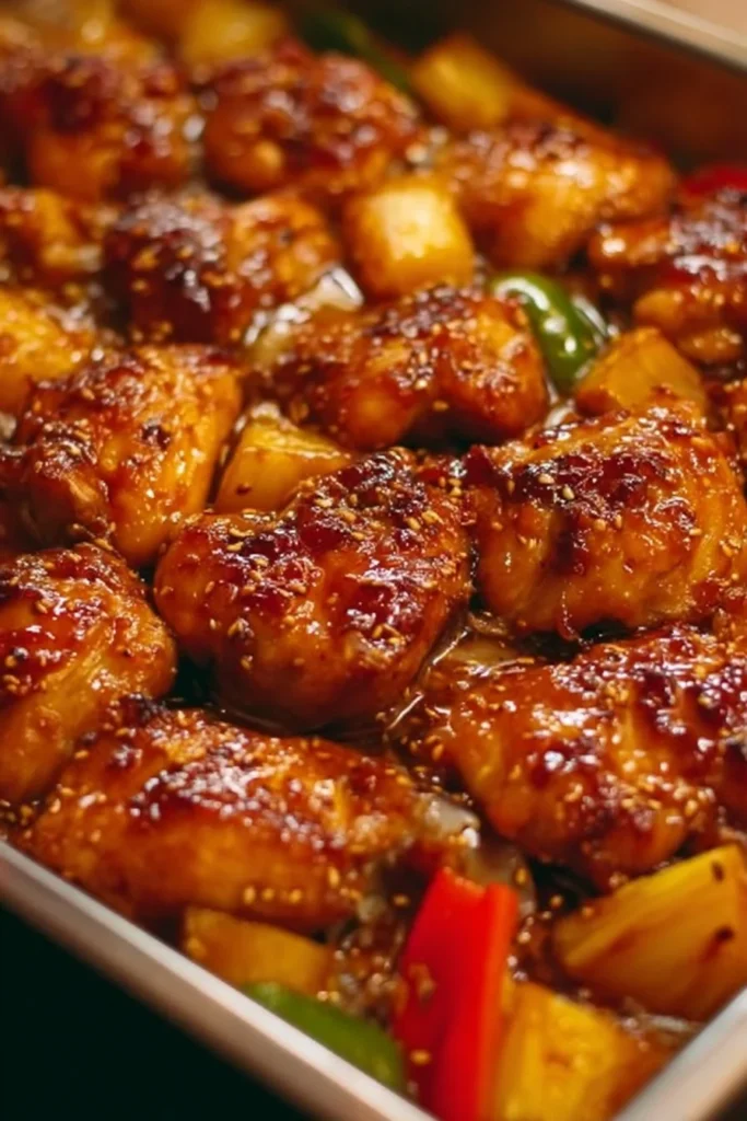 Delicious Hawaiian Chicken Sheet Pan meal ready to serve