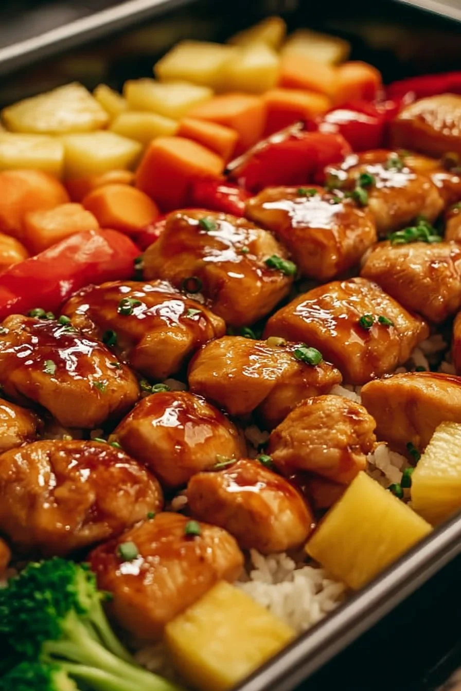 Hawaiian Chicken Sheet Pan with colorful veggies and pineapple glaze