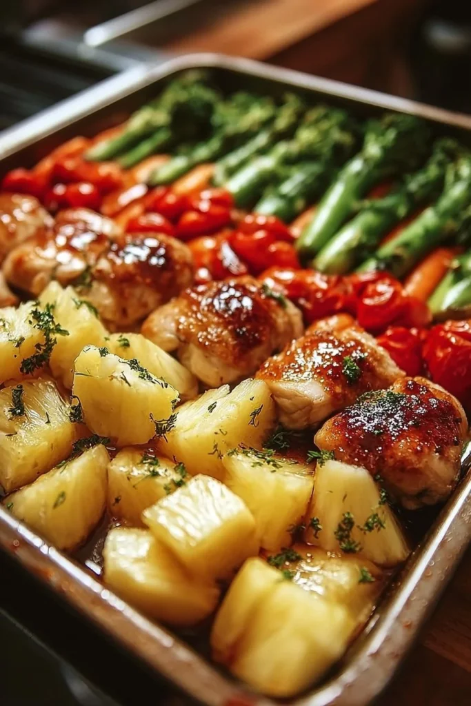 Hawaiian Chicken Sheet Pan Dinner with vibrant vegetables and pineapple slices.