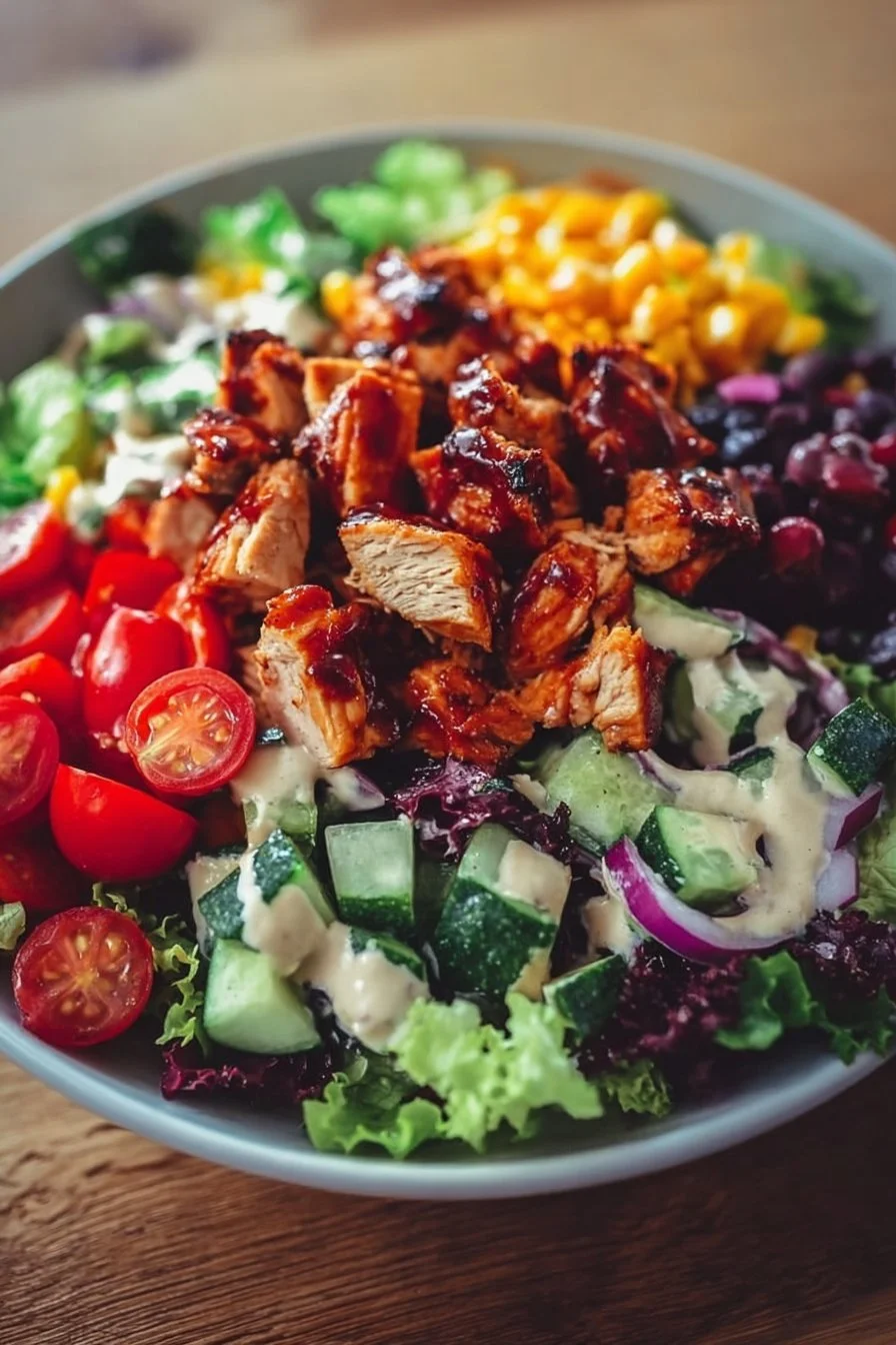 Healthy BBQ Chicken Chopped Salad 2 Healthy BBQ chicken chopped salad with fresh vegetables and grilled chicken