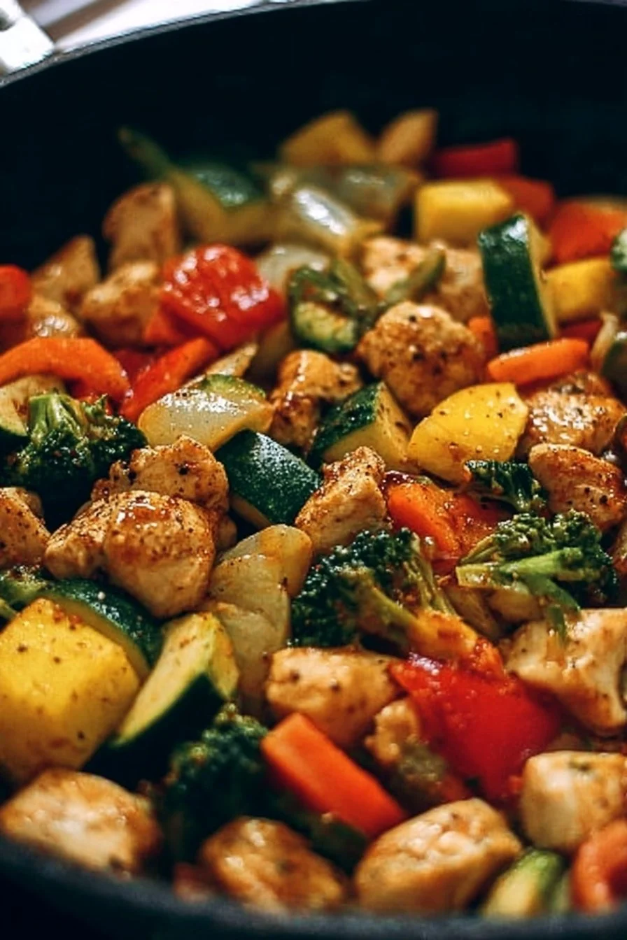 Healthy chicken and vegetables skillet recipe with colorful ingredients.