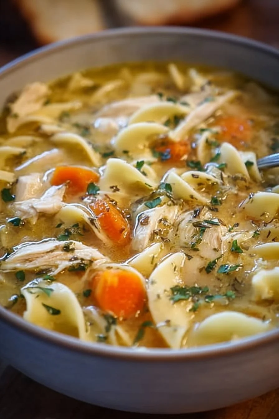 Bowl of heartwarming CopyCat Panera Bread chicken noodle soup recipe