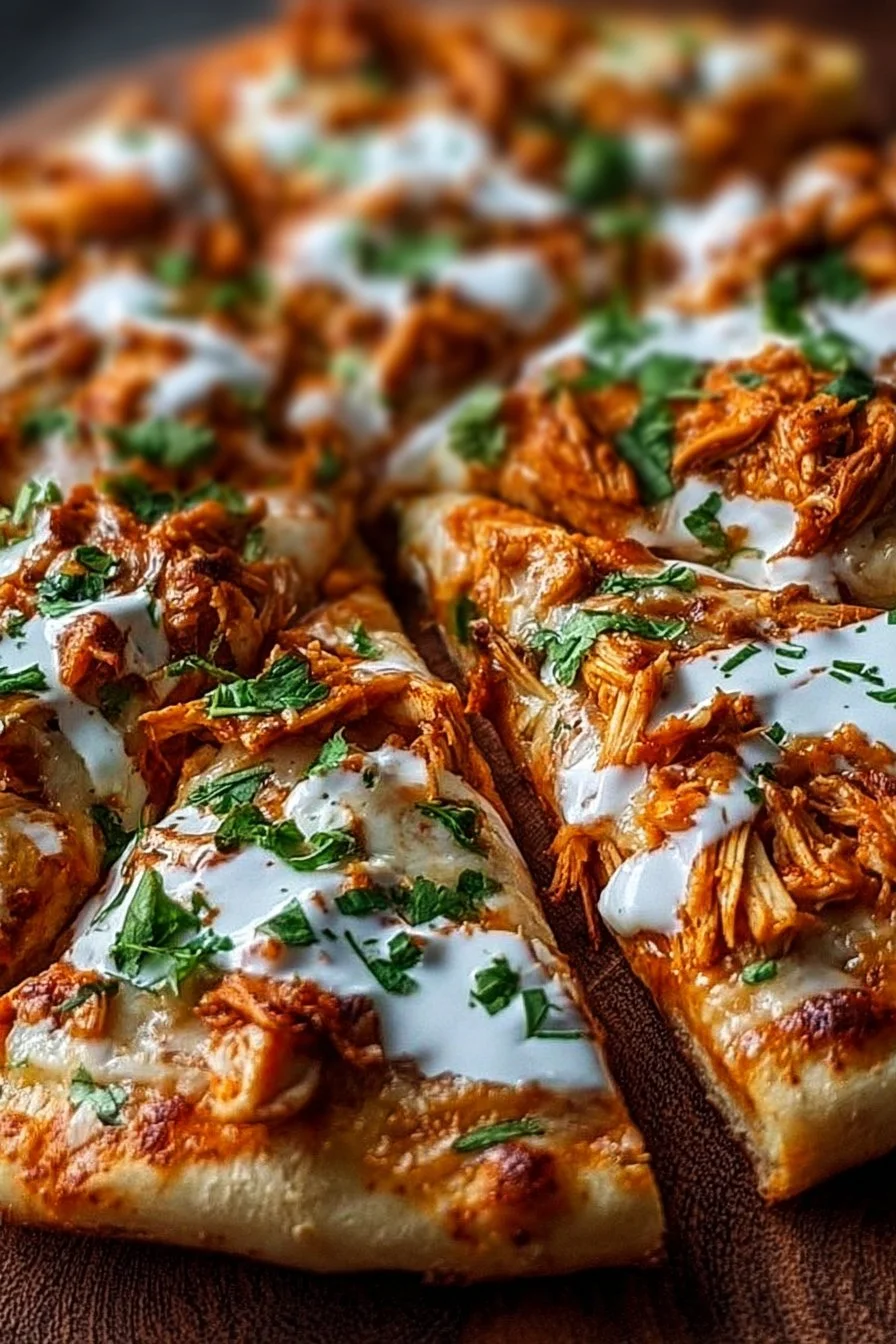 High-protein buffalo chicken pizza topped with spicy sauce and cheese