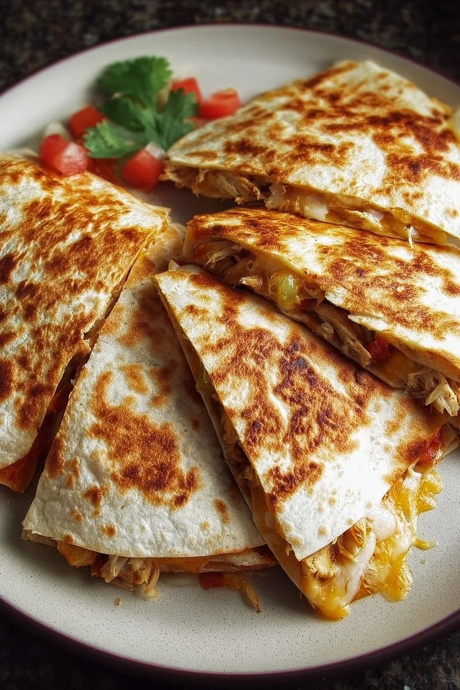 Homemade Rotisserie Chicken Quesadillas 3 Delicious homemade rotisserie chicken quesadillas with melted cheese and fresh ingredients