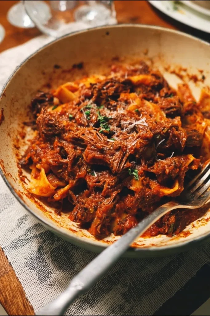 Delicious homemade short rib ragu served over pasta