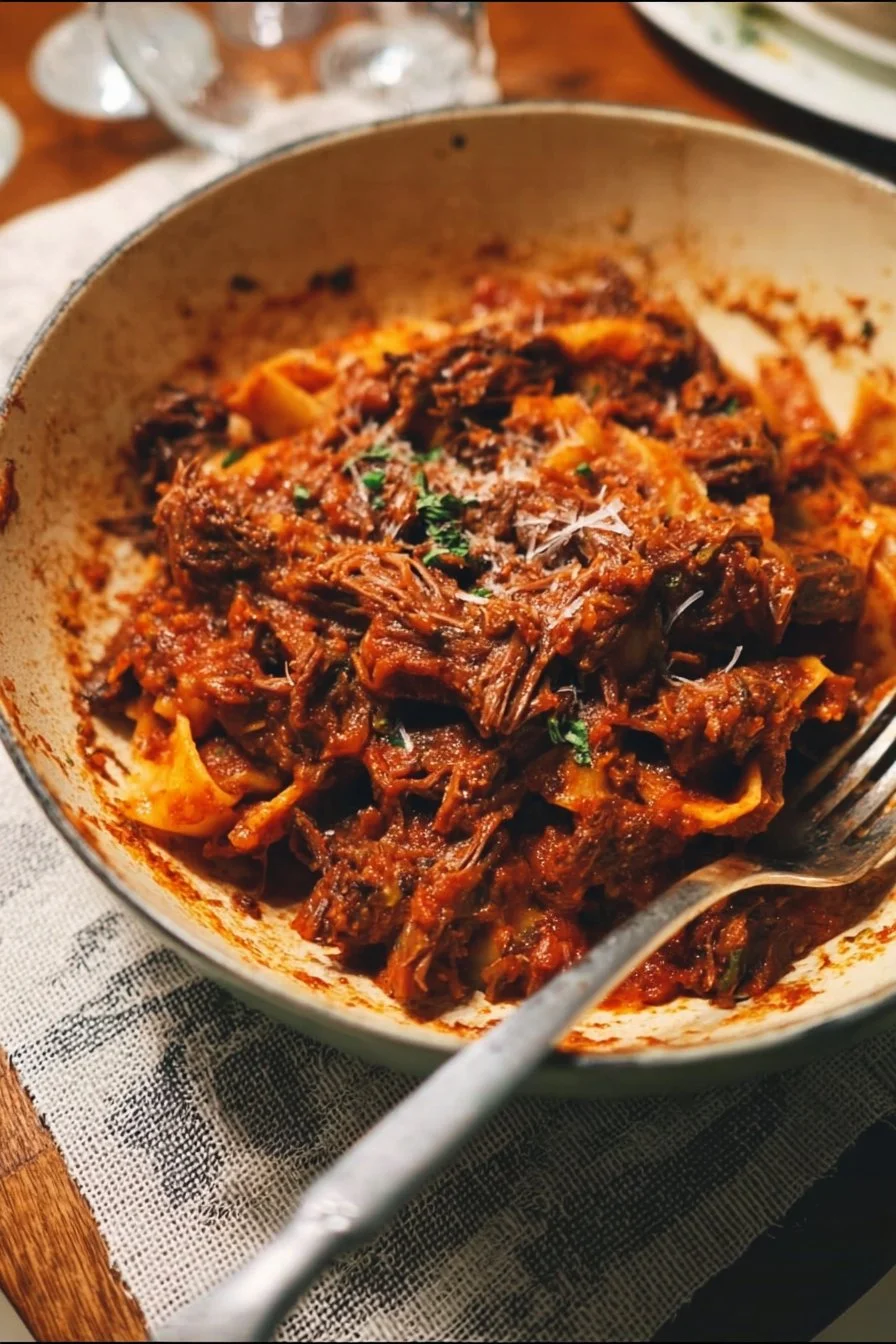 Delicious homemade short rib ragu served over pasta