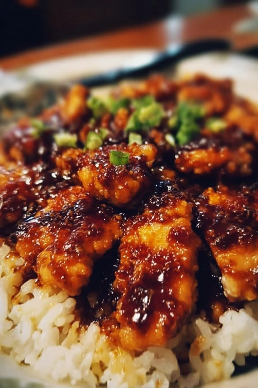 Honey BBQ Chicken served over a bed of fluffy rice, garnished with green onions.