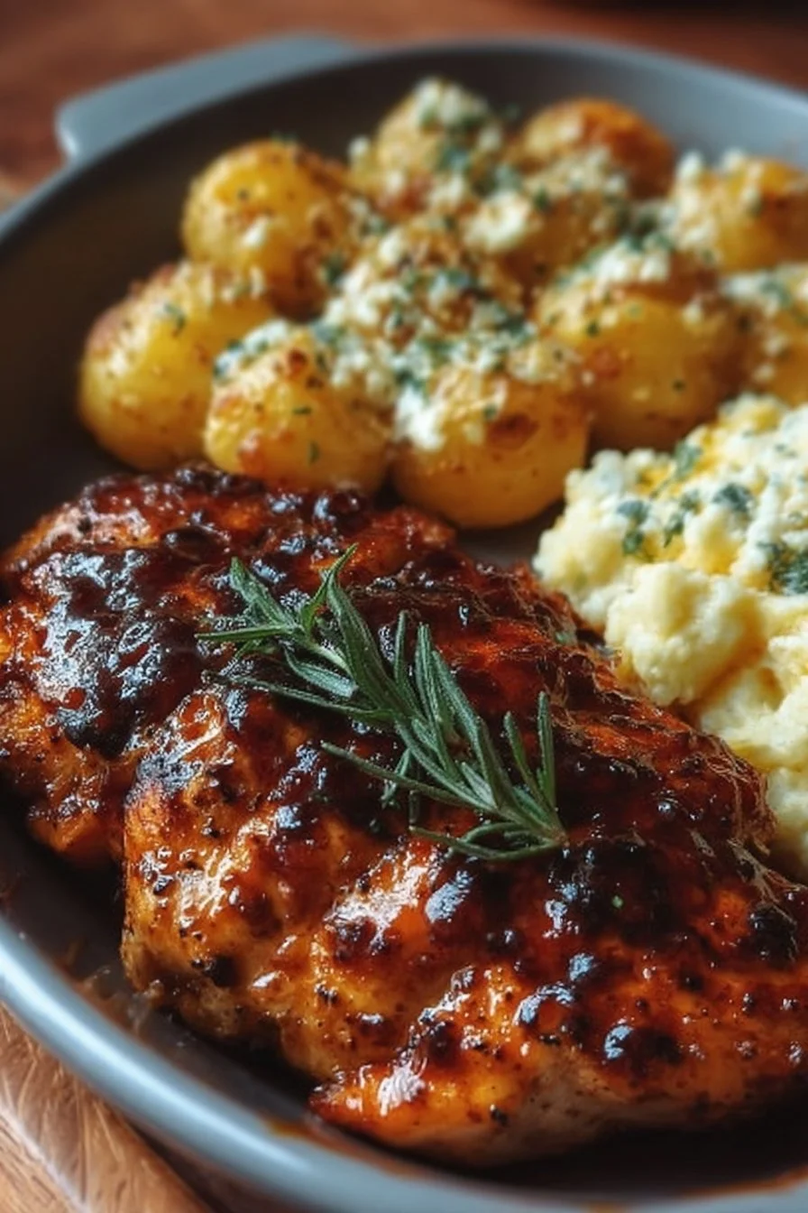 Honey BBQ Chicken served with cheesy garlic parmesan potatoes on a plate.