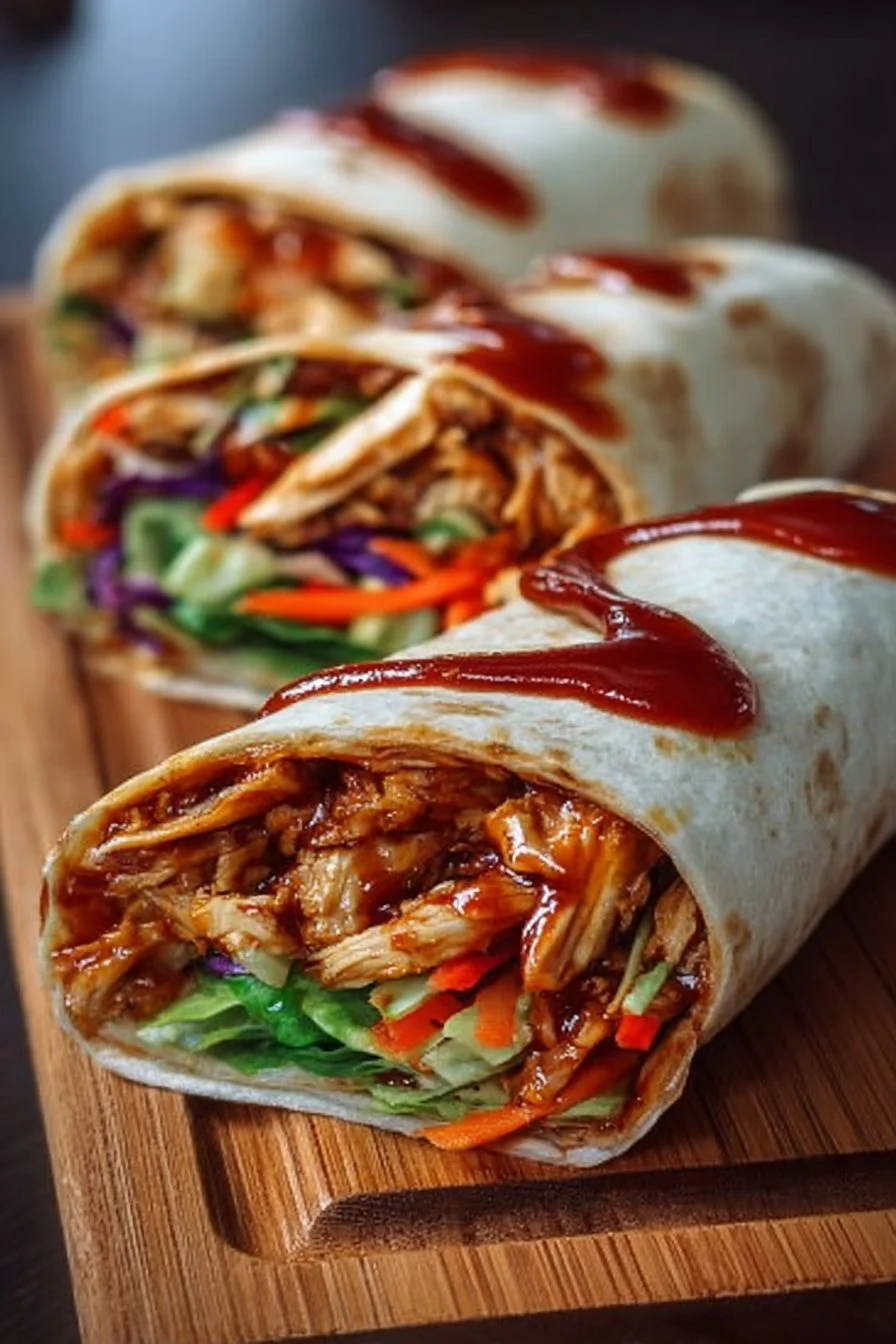 Honey BBQ Chicken Wrap filled with fresh ingredients and drizzled in honey barbecue sauce.