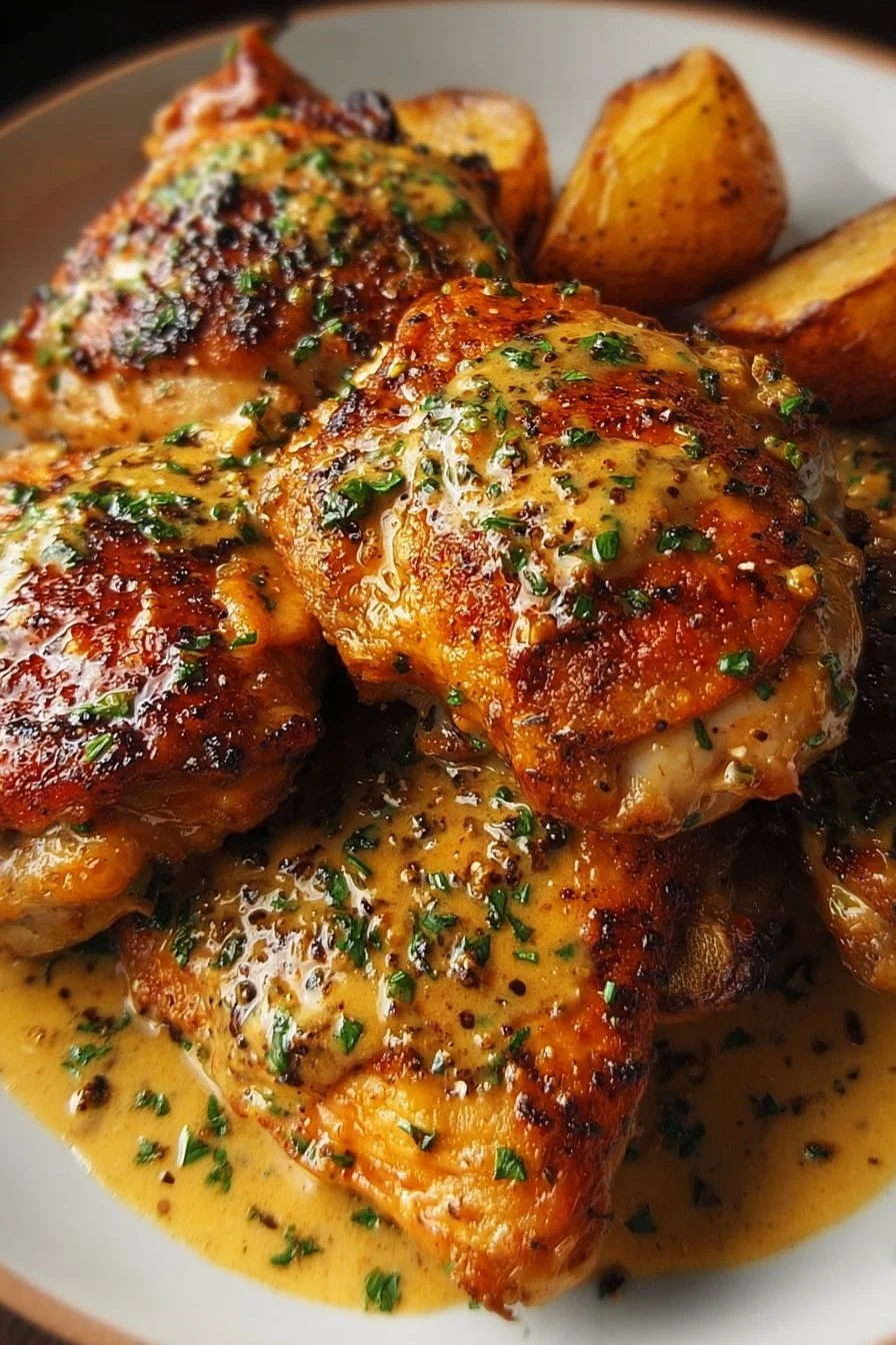 Honey Dijon Chicken Thighs 3 Honey Dijon Chicken Thighs served with vegetables on a white plate