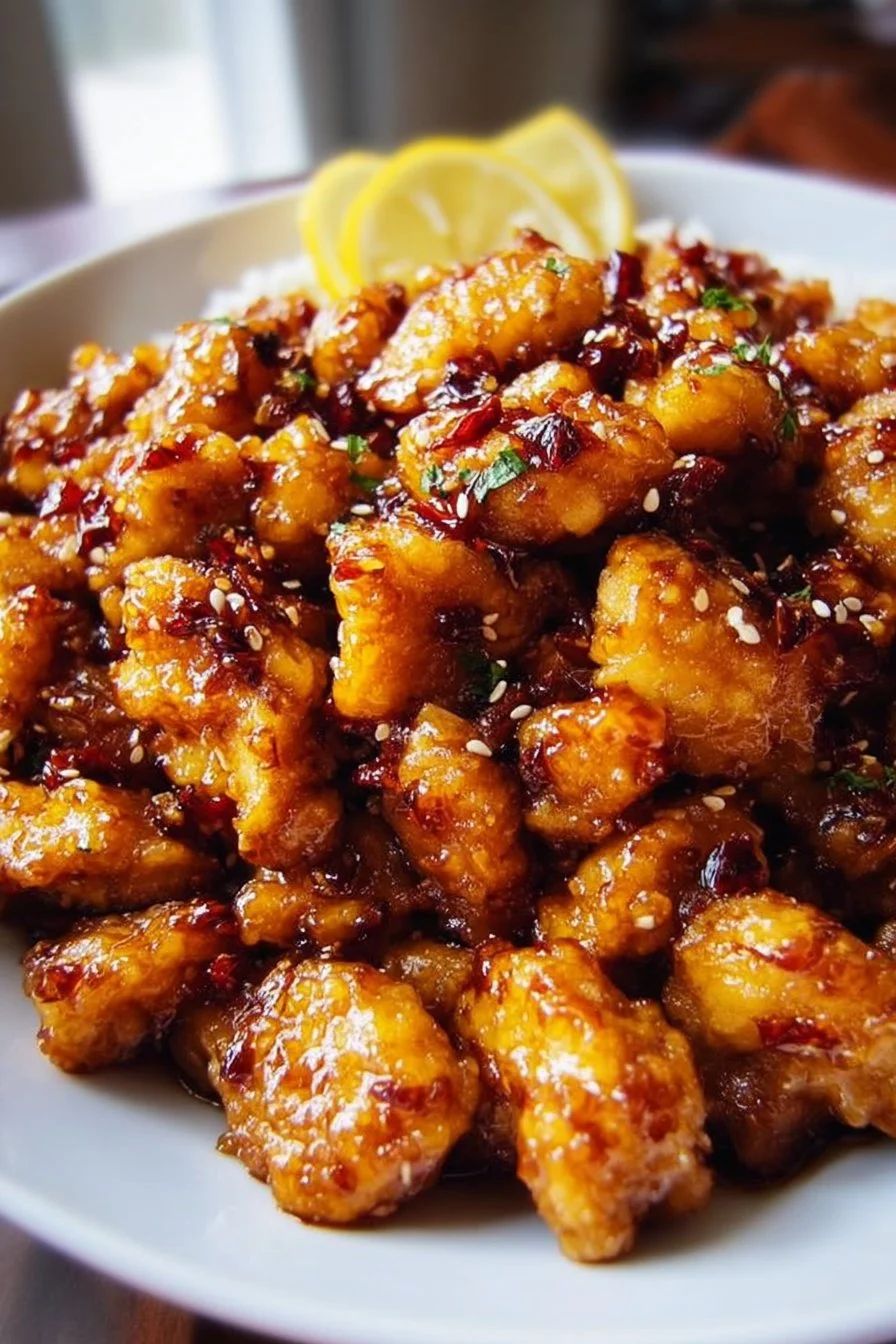 Honey Garlic Chicken Bites served on a plate with garnish