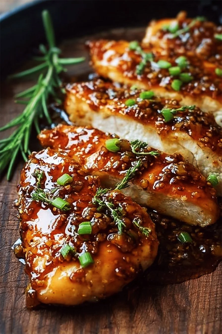Delicious honey garlic chicken breasts garnished with herbs