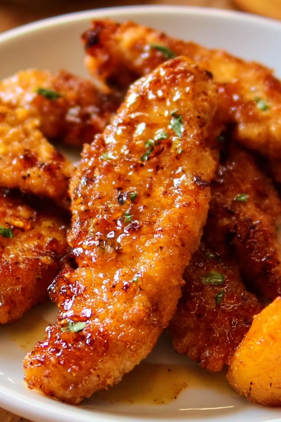 Honey Garlic Chicken Tenders 2 Honey Garlic Chicken Tenders plated with dipping sauce