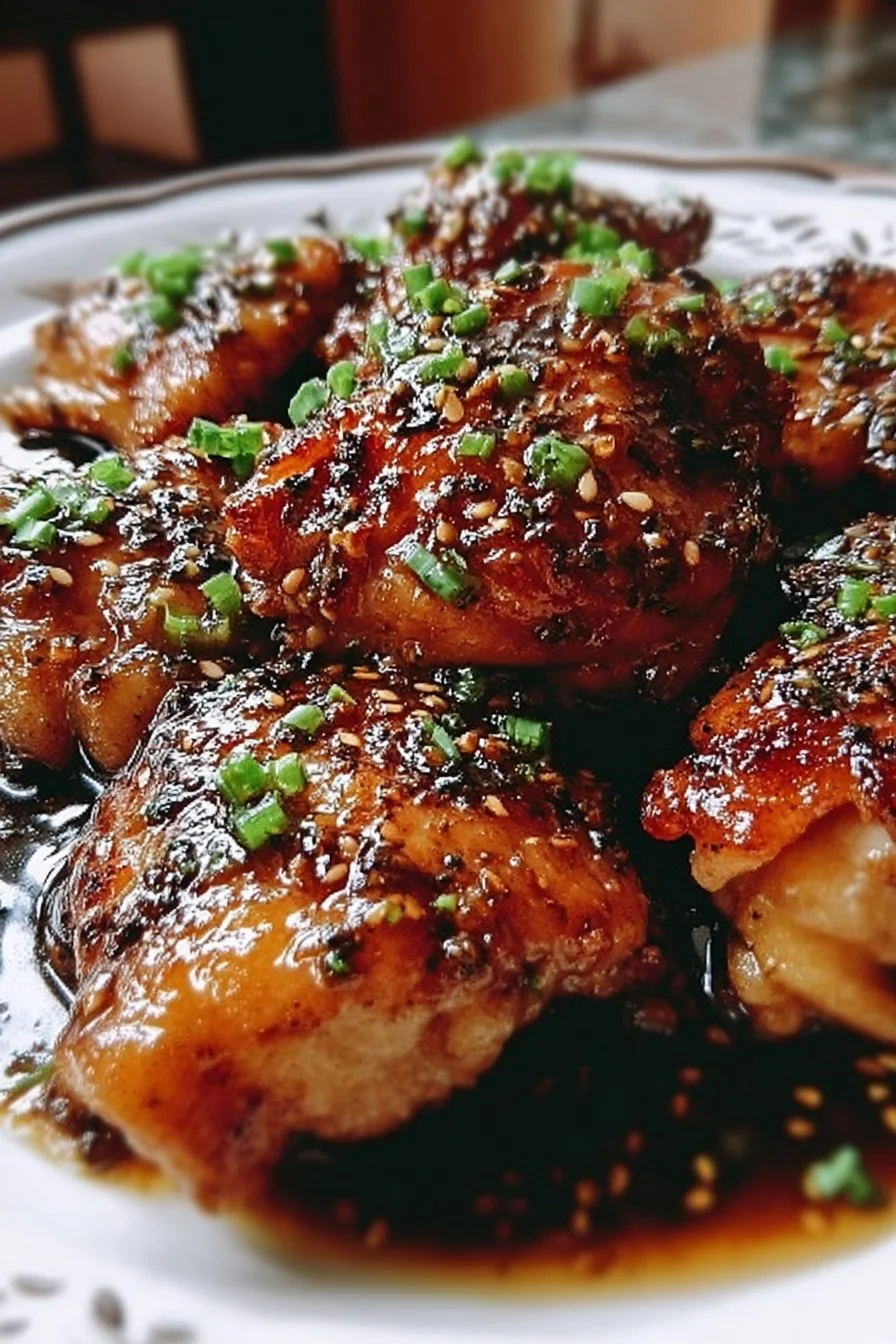 Honey Garlic Chicken Thighs cooked in a sweet and sticky sauce on a plate