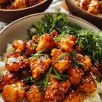 Delicious hot honey chicken bowls with colorful vegetables and rice