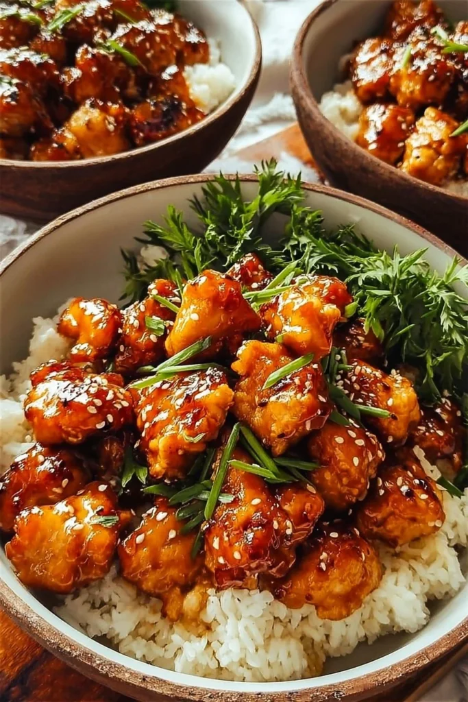 Delicious hot honey chicken bowls with colorful vegetables and rice