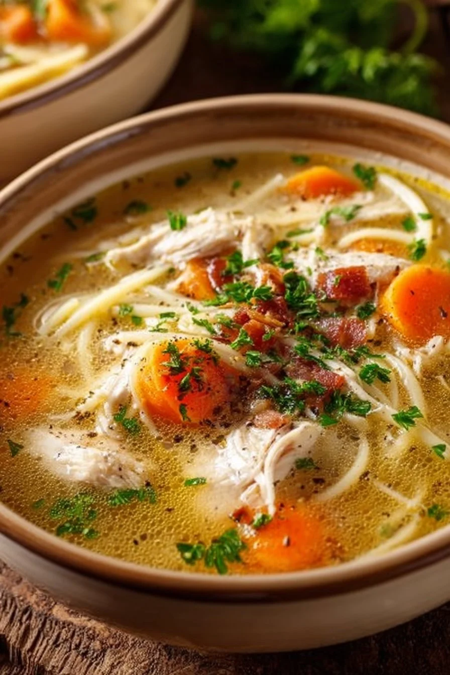 A hearty bowl of chicken soup made in an Instant Pot for cold weather comfort.