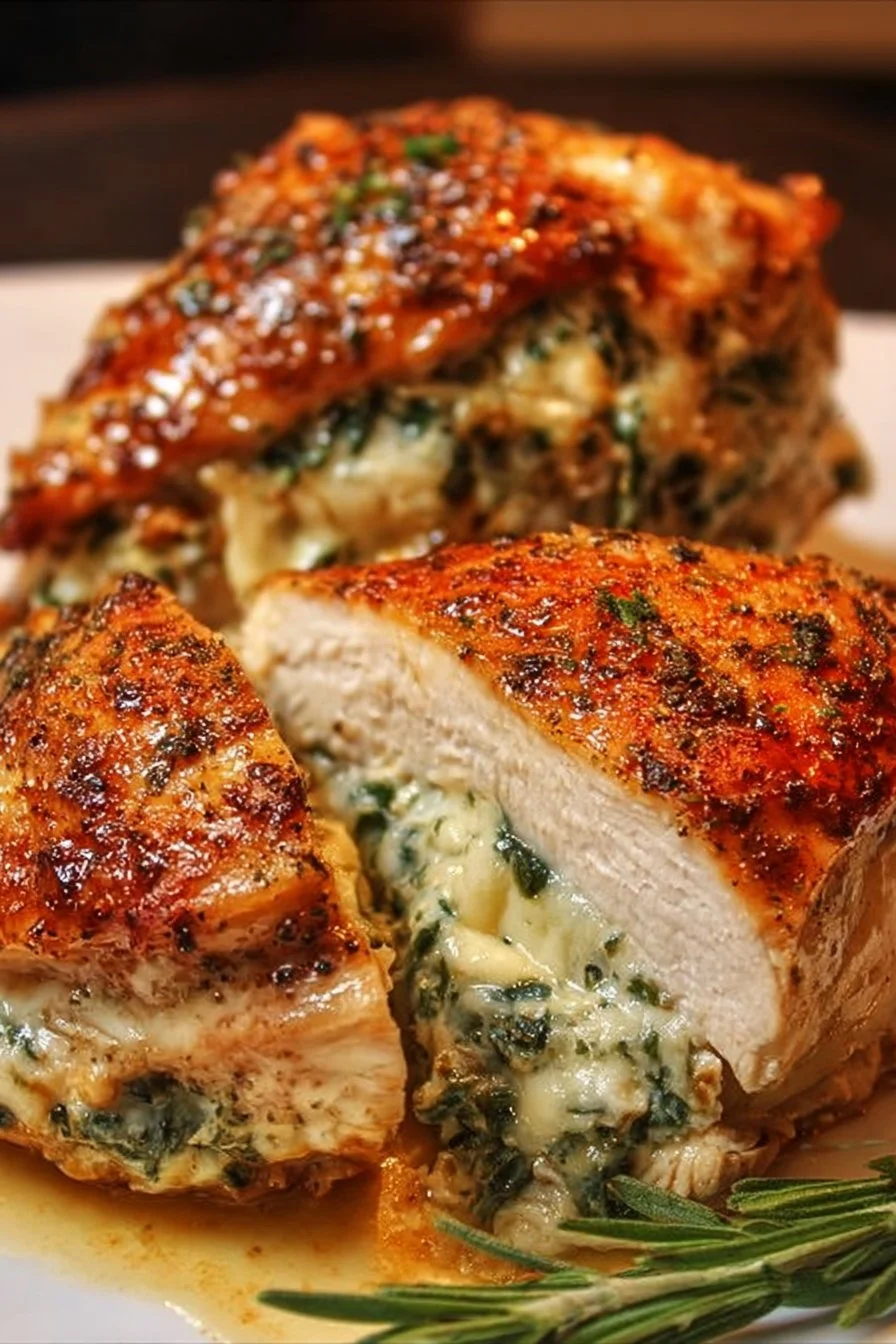 Ruth's Chris stuffed chicken copycat recipe on a plate with garnishes