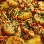 Italian Crockpot Chicken with Potatoes cooking in a slow cooker.