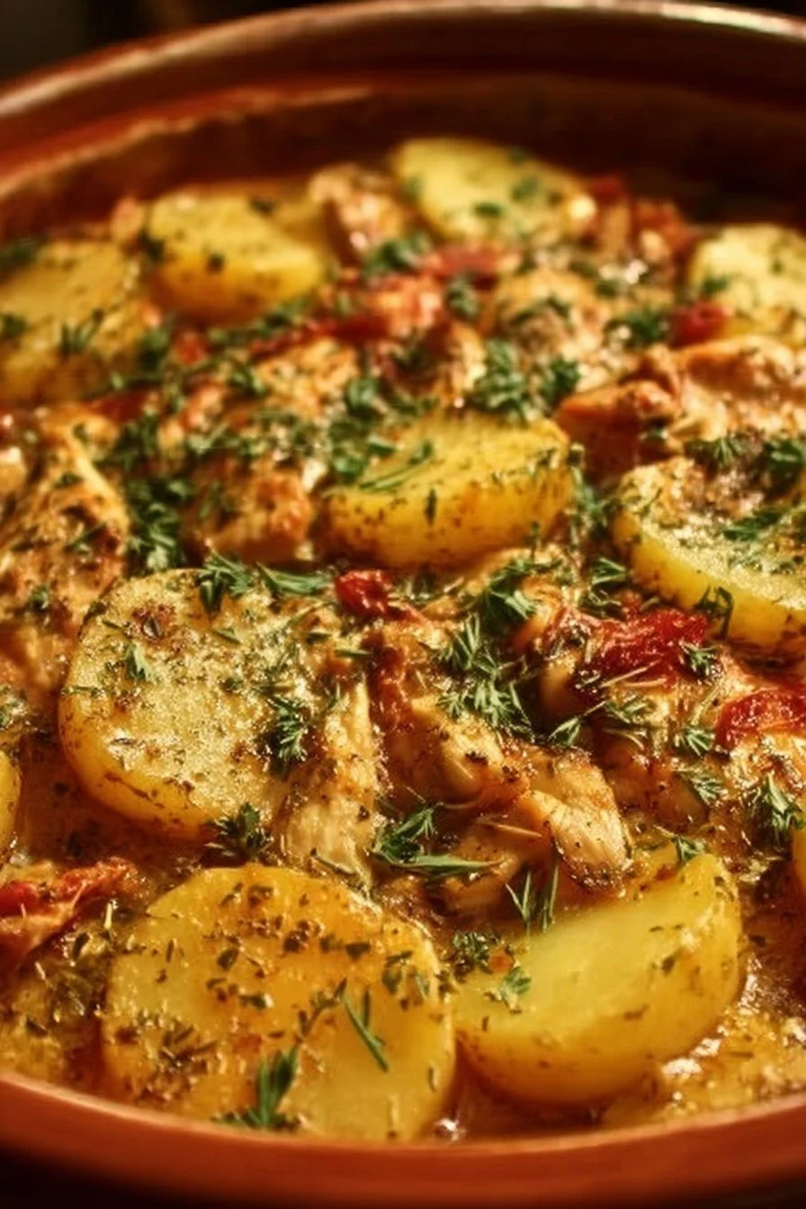 Italian Crockpot Chicken with Potatoes cooking in a slow cooker.