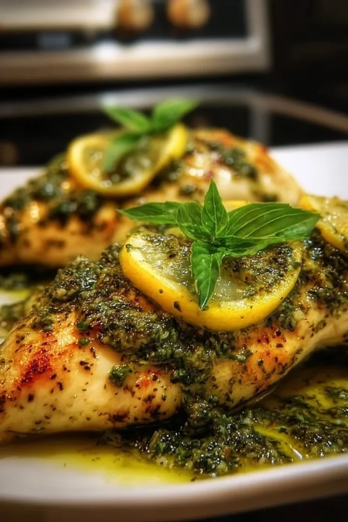 Plate of Lemon-Basil Pesto Chicken garnished with fresh basil and lemon slices.