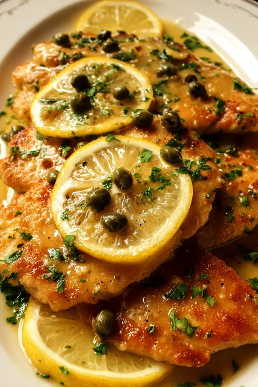 Plate of Lemon Chicken Piccata garnished with parsley and lemon slices