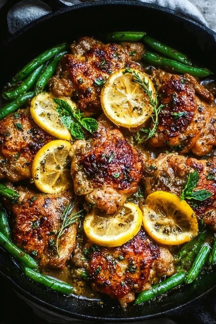 Lemon Garlic Butter Chicken Thighs served with vibrant herbs and spices.