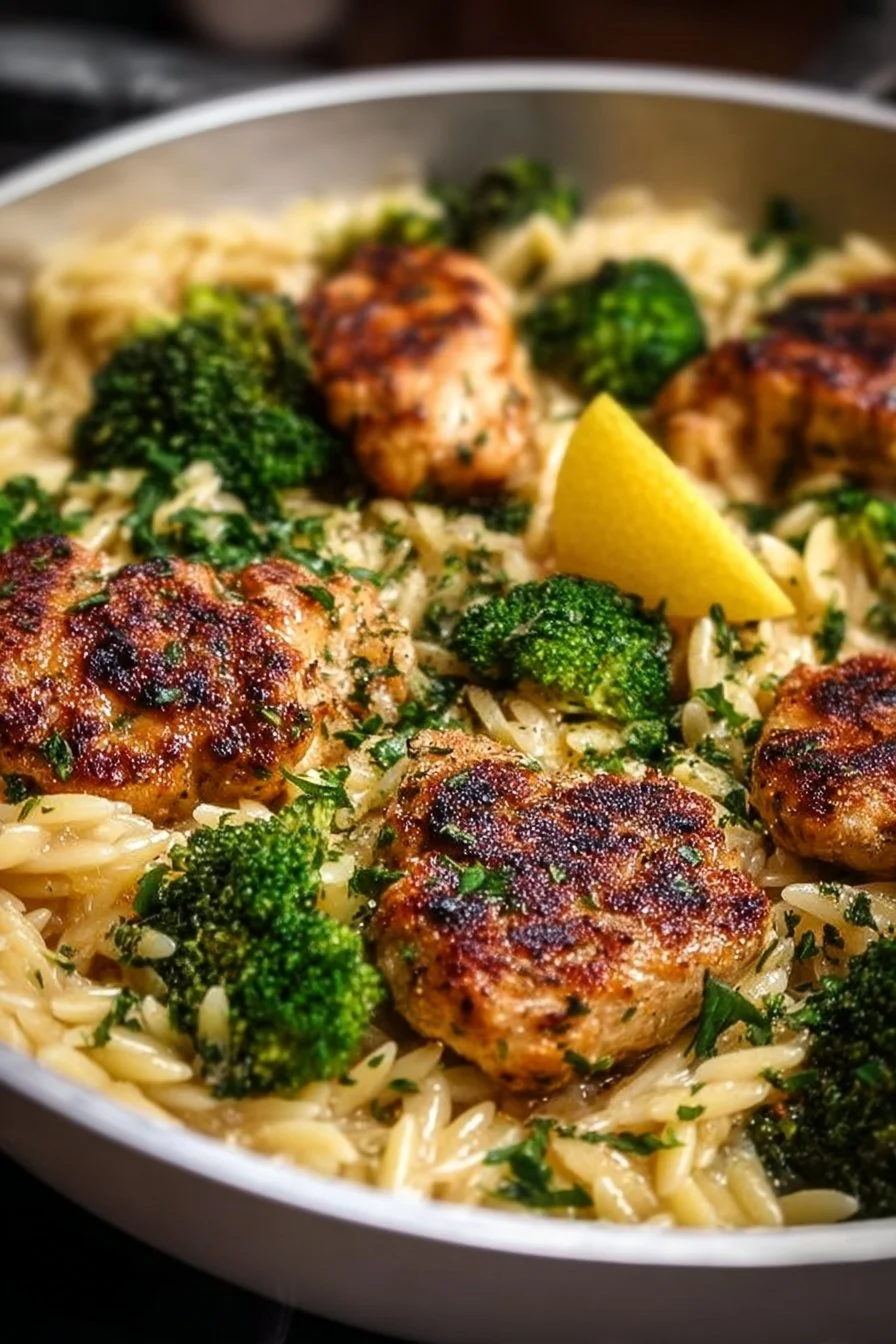 Lemon Pepper Chicken served with broccoli and orzo pasta