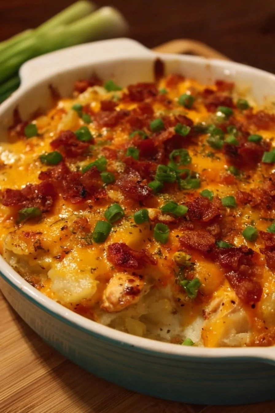 Loaded Potato Ranch Chicken Casserole topped with cheese and herbs