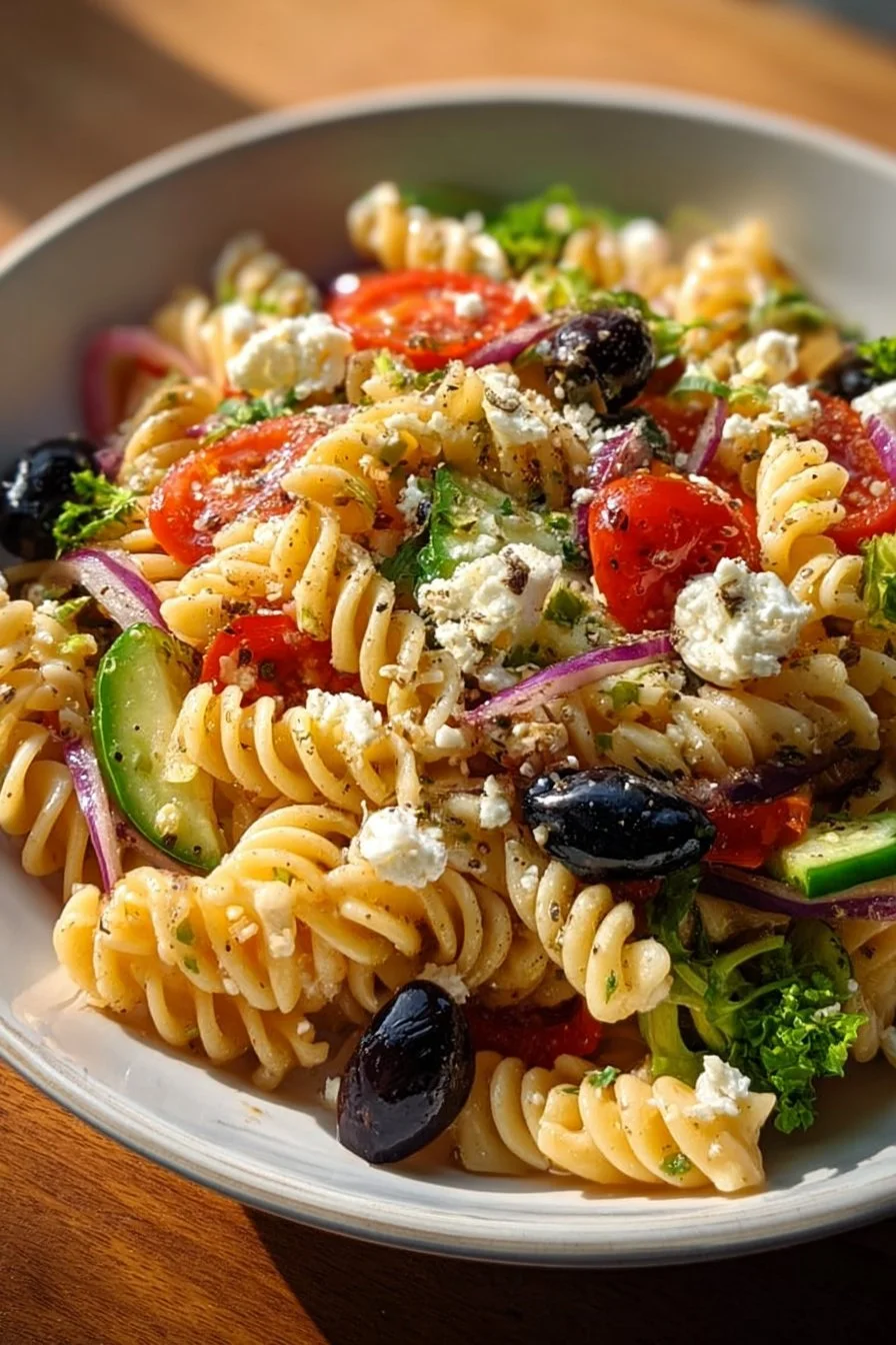 Mediterranean high protein pasta salad with colorful vegetables and dressing