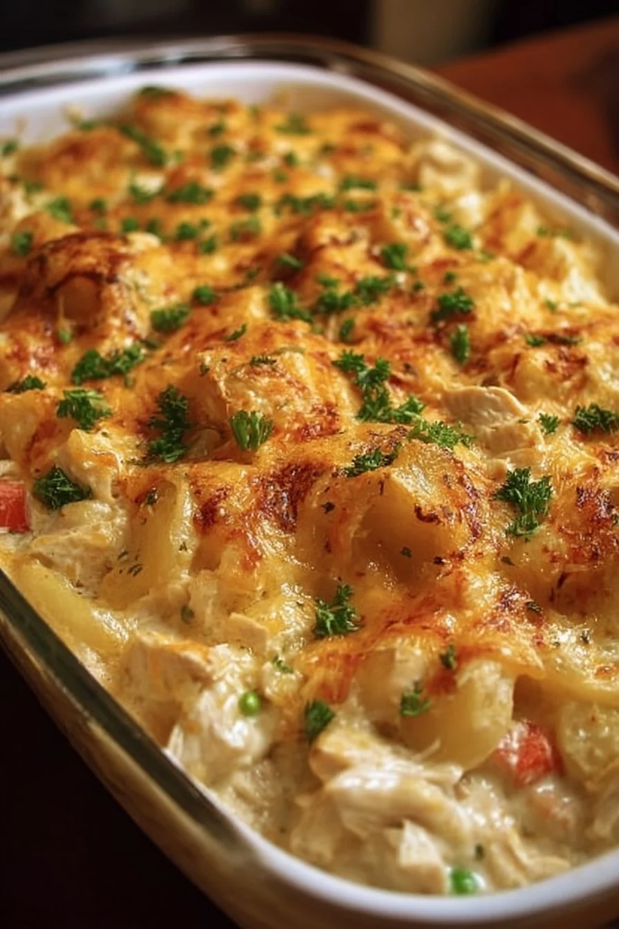 Delicious Million Dollar Chicken Casserole topped with cheese and herbs