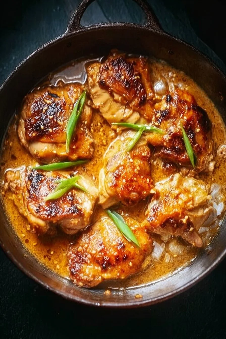 Plate of miso-butter chicken garnished with herbs, served with rice and vegetables.