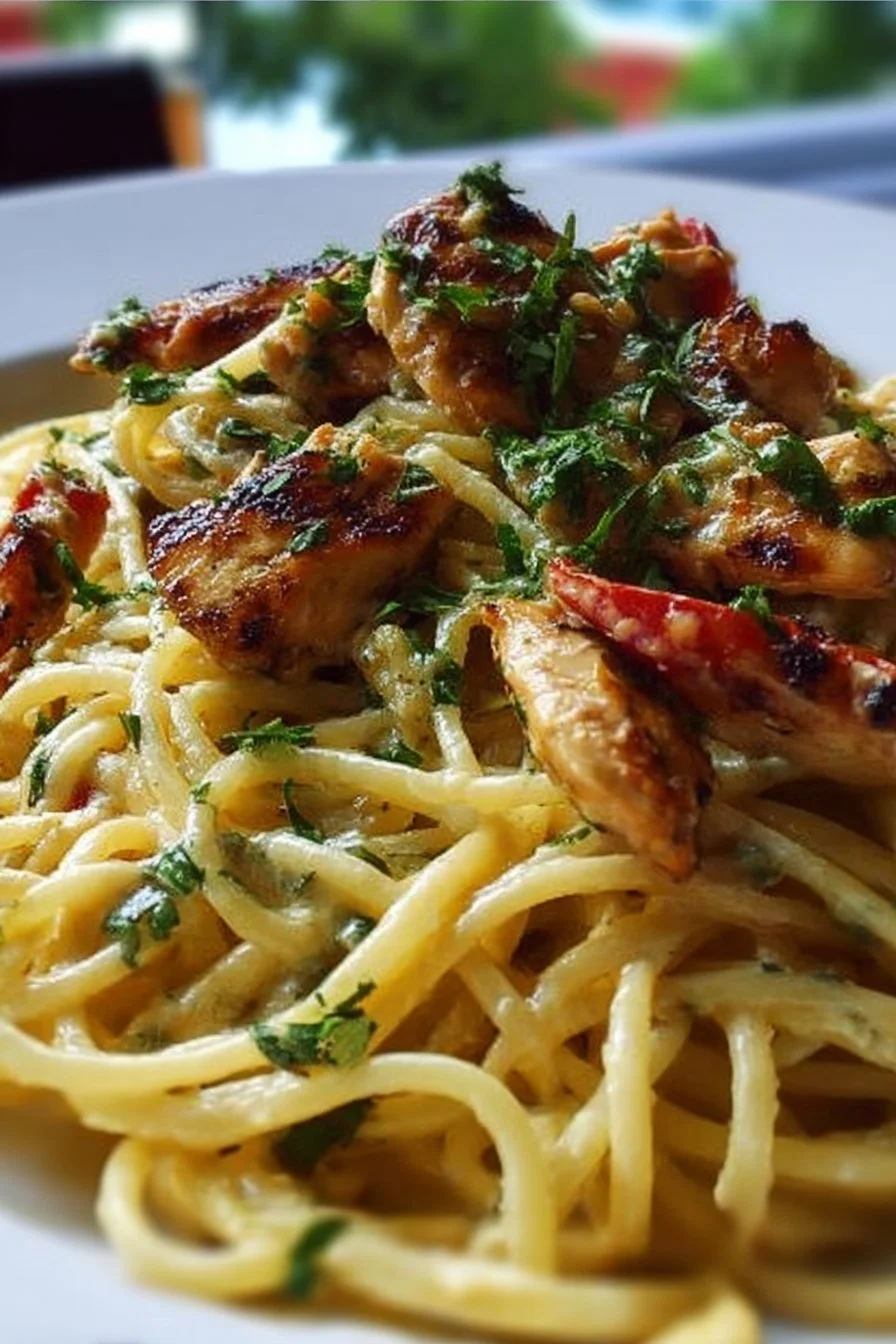 Plate of Monterey Chicken Spaghetti garnished with herbs and cheese