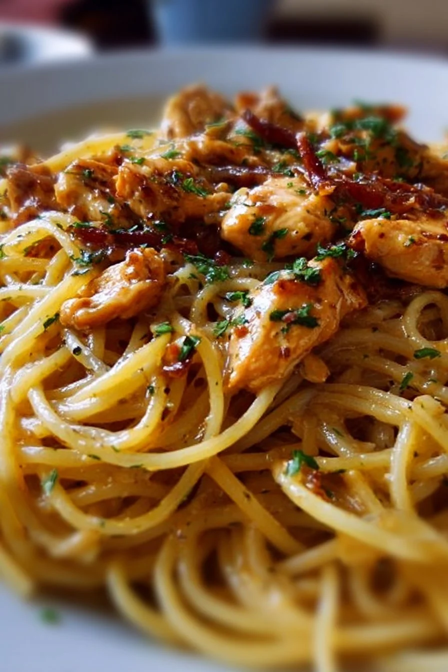 Delicious plate of Monterey Chicken Spaghetti with chicken, pasta, and herbs.