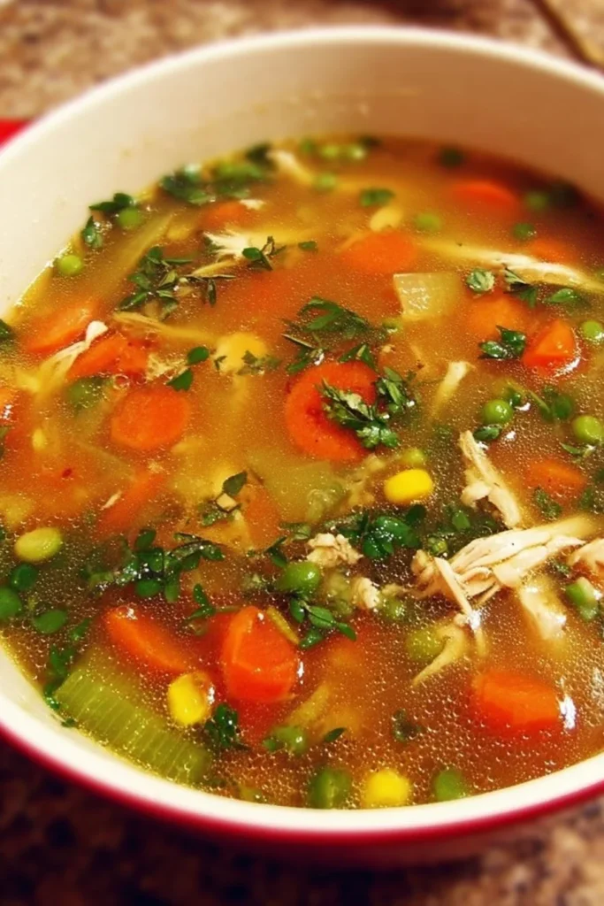 Delicious nourishing chicken vegetable soup with vibrant vegetables and tender chicken.