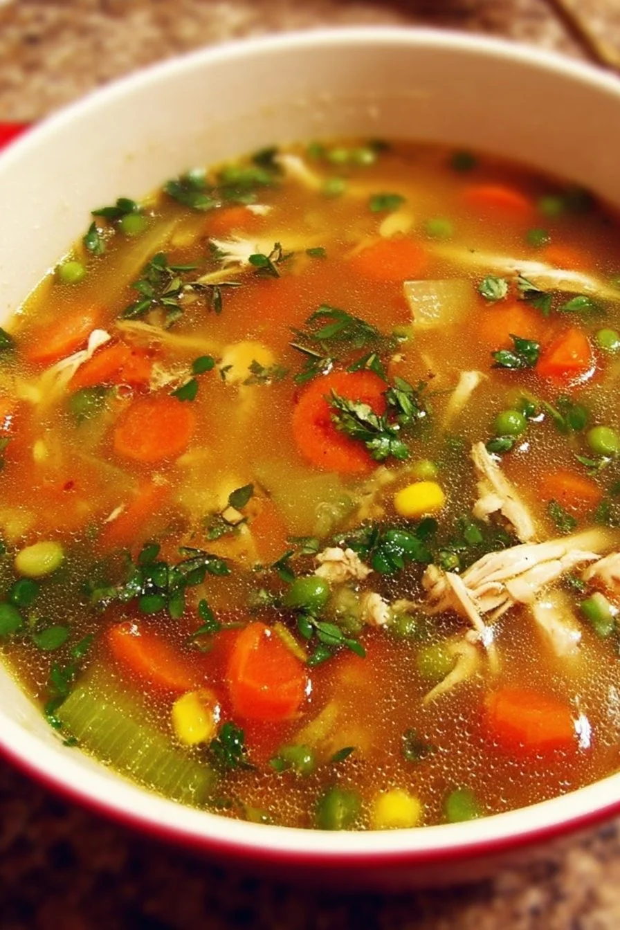 Delicious nourishing chicken vegetable soup with vibrant vegetables and tender chicken.