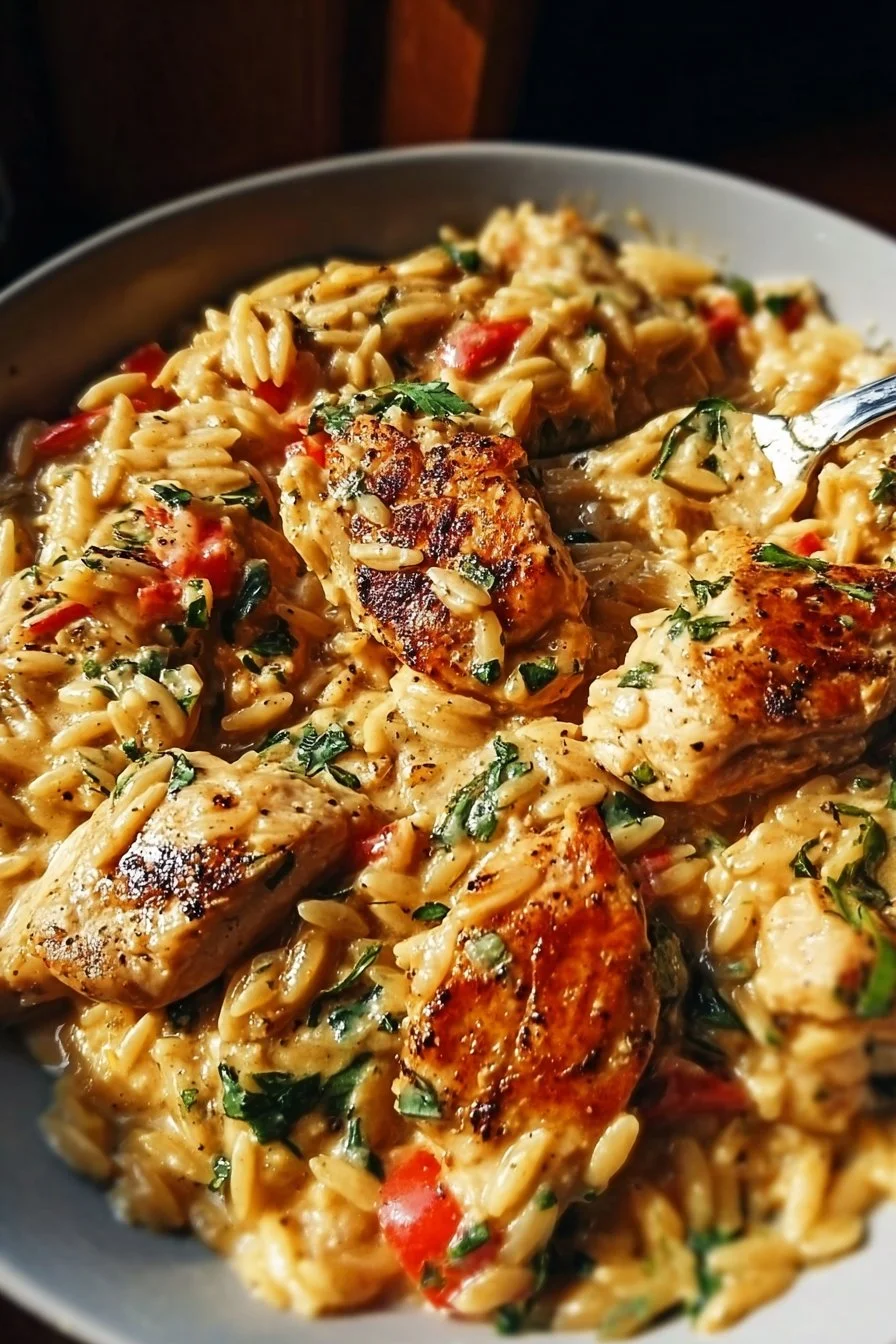 One-pot Cajun Chicken Alfredo Orzo dish with creamy sauce and spices