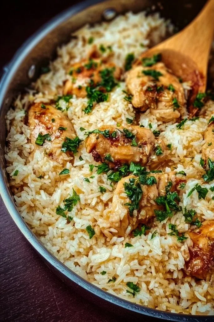 One-Pot Garlic Butter Chicken and Rice served in a bowl