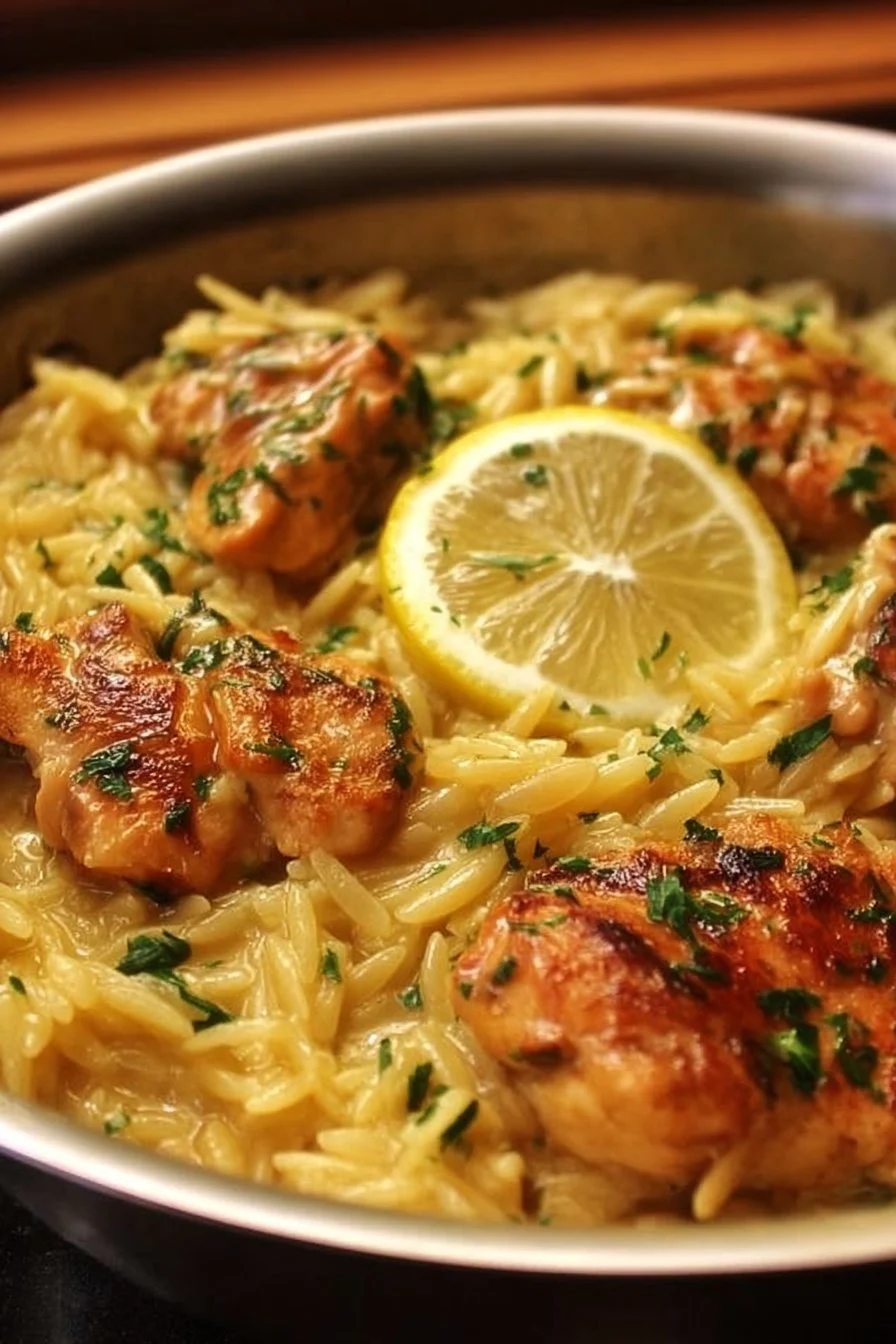 One-Pot Lemon Garlic Chicken Orzo dish garnished with fresh herbs