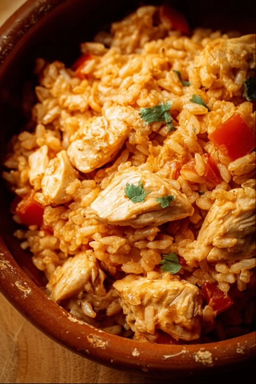 One Pot Queso Chicken and Rice recipe garnished with fresh herbs