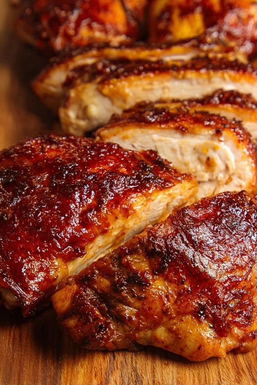 Oven-baked BBQ chicken served on a plate with sides.