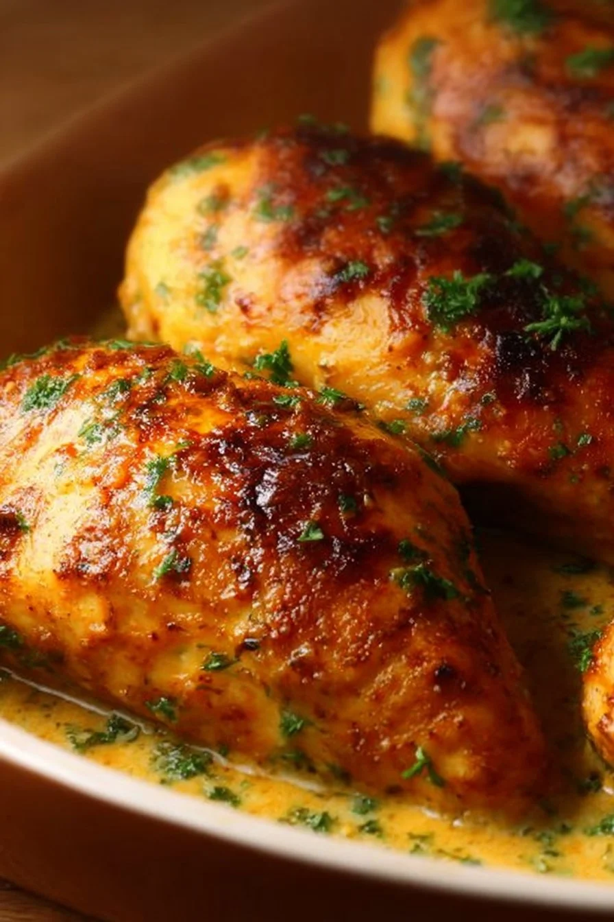 Oven-baked tender chicken on a plate garnished with herbs