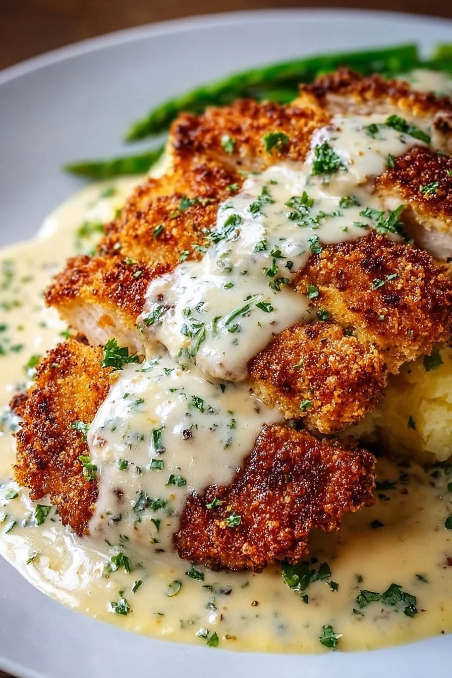 Delicious Parmesan Crusted Chicken with creamy garlic sauce on a plate